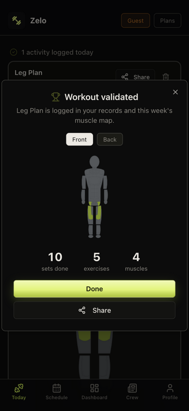 Workout validated celebration with sets, exercises, and muscles burned