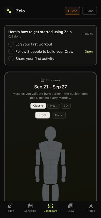 Dashboard with the get-started checklist and the weekly body map