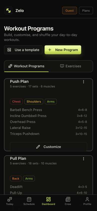 Workout plans with exercises, sets, and muscle chips