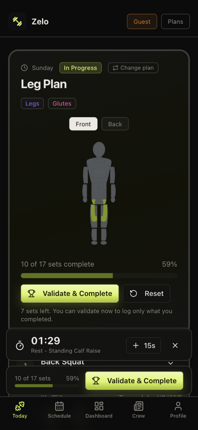Mid-session logging with set chips and the rest timer