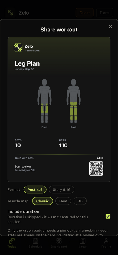 Share workout card with format and body map style options